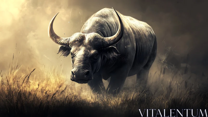 Powerful buffalo standing in misty grassland environment.