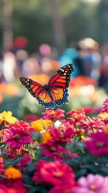 Monarch butterfly hovering above vivid summer flower bed.