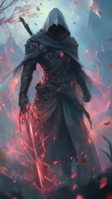 Hooded dark mage strides through crimson embers of magic.