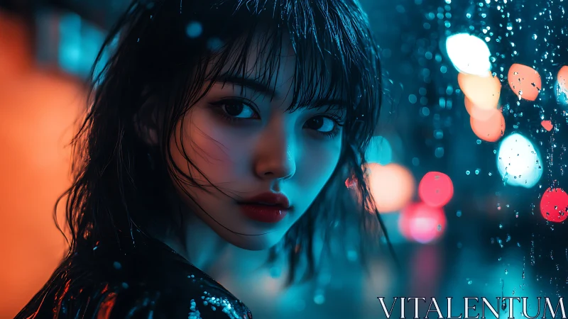 Neon-lit portrait isolates wet-haired subject in shallow depth of field