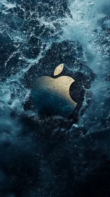 Hydrophobic metallic apple emblem in turbulent aquatic vortex.