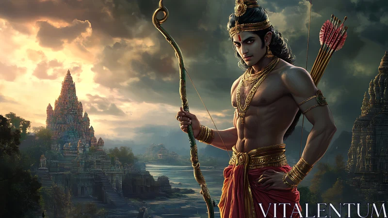 Warrior prince stands guard before ancient riverside temple.