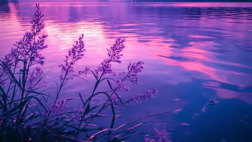 Purple lake sunset with reeds in reflective ripples.