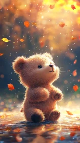Backlit digital bear observes drifting autumn foliage softly