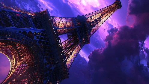 Eiffel Tower glows in dramatic neon purple storm sky.