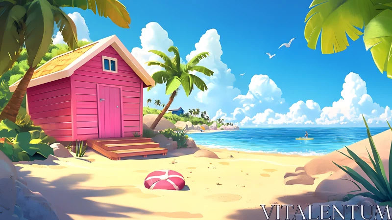 Tropical Beach Cottage with Palm Canopy and Azure Waters