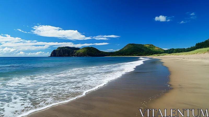 Verdant Coastal Haven: Mountain-Framed Beach and Turquoise Waters.