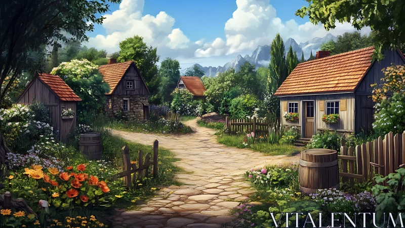 Rural stone path runs between wooden cottages and gardens