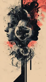 Dual human profiles in abstract ink and coral bursts.