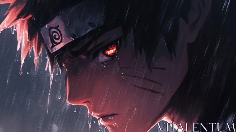 Stormlit ninja gazes ahead with fierce, glowing resolve