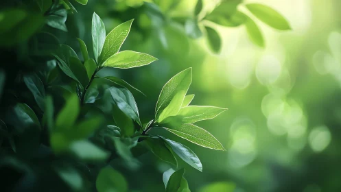 Backlit spring foliage with shallow depth of field bokeh background