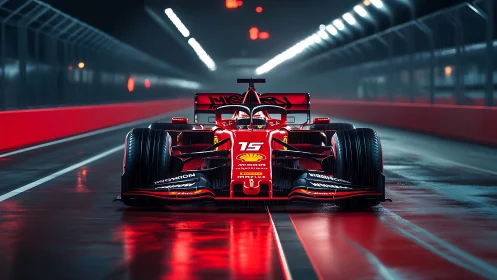 Midnight scarlet race car ignites a rain-soaked pit lane.