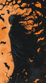 Eerie cloaked wraith drifting through a storm of midnight bats.