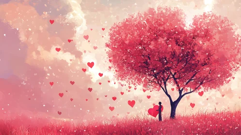 Solitary Figure Beneath Heart-Shaped Tree in Romantic Pink Landscape