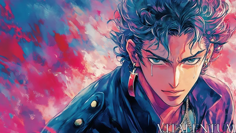 Brooding anime hero stares ahead in vivid neon clouds.