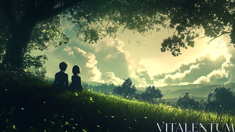 Quiet sunset hillside where two friends share soft dreams.