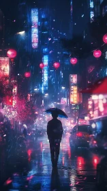 Silhouette under umbrella in neon drenched rainy city street