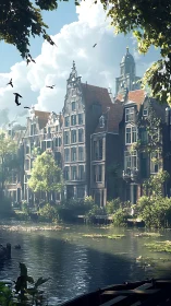 Canal houses under summer light in historic European city.