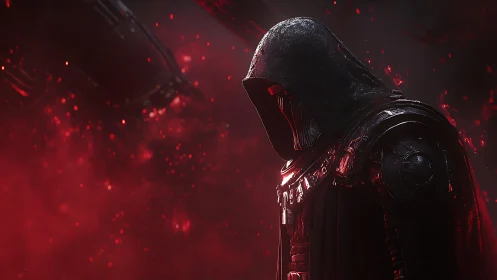 Hooded armored figure stands in red glowing particle field