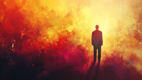 Solitary silhouetted figure advances through abstract inferno haze