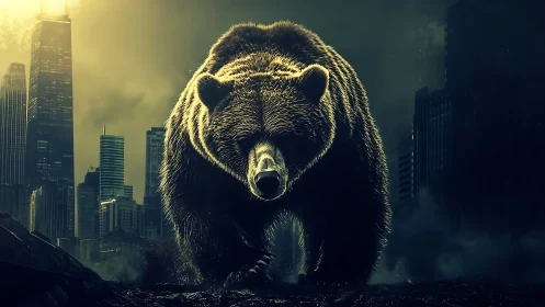 Urban titan bear strides through smog lit by neon dusk