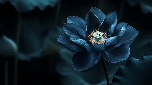 Midnight blue lotus glowing softly in a tranquil dreamscape.