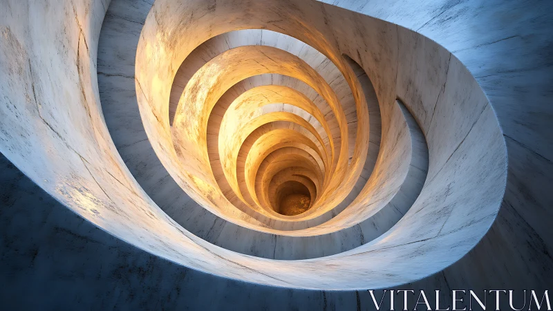 Spiral concrete atrium descends in warm-cool tonal contrast