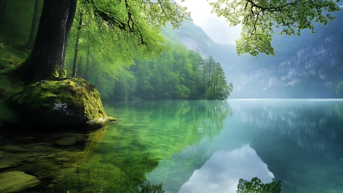 Emerald forest lake whispers under mist-veiled mountainscape.