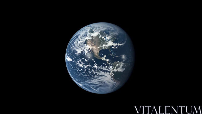 Orbital view of sunlit Earth showing North America and cloud systems