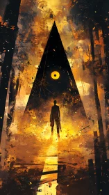 Silhouette stands before triangular portal with central eye