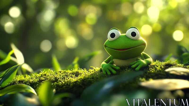 Bright eyed forest frog quietly hosts a tiny moss parade