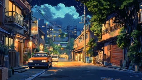 Evening urban alley with parked taxi under mixed artificial lighting
