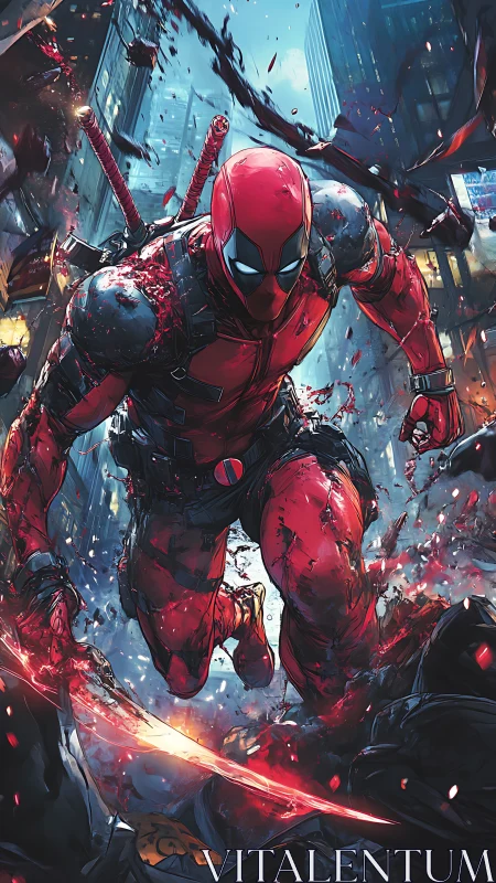 Rebel red warrior leaping through a storm of neon chaos.