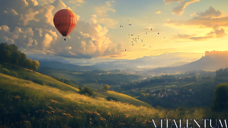 Red hot air balloon above sunlit valley and distant mountains