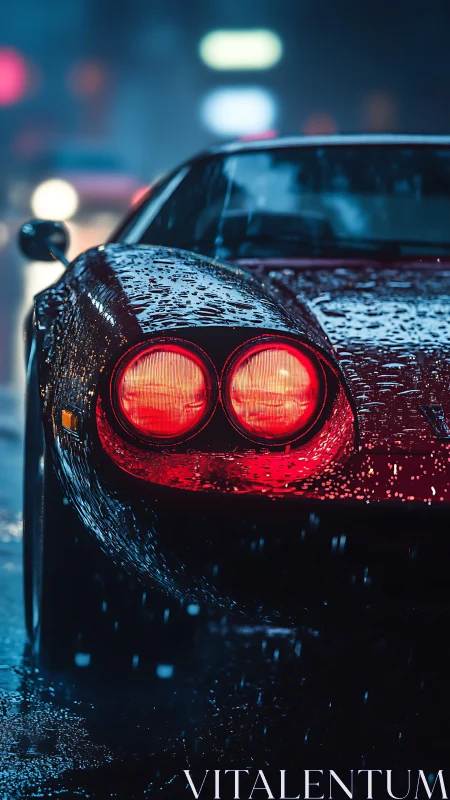 Red sports car glows through rain on a neon city street