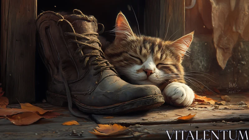 Tabby Cat Sleeping in Weathered Boot.