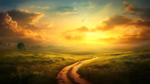 Sunlit country path winding toward a dream soaked horizon.