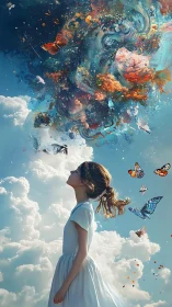 Atmospheric daydream vector of girl, clouds and chromatic vortex.