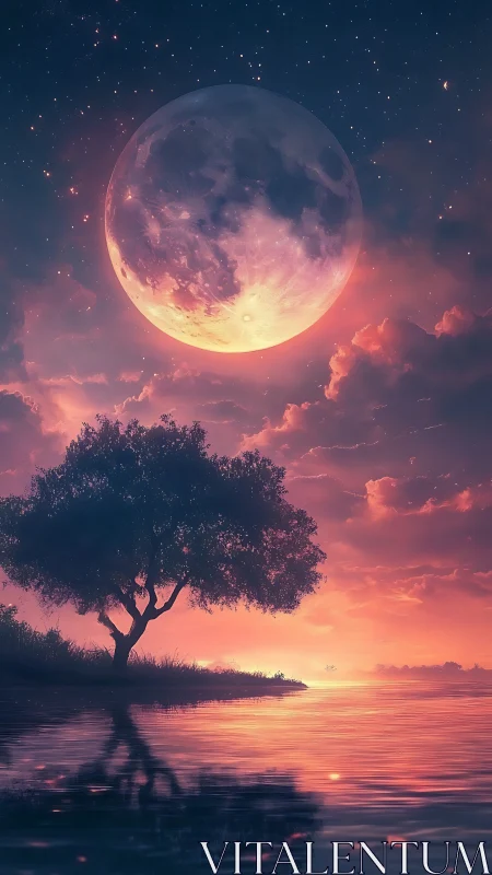 Vast full moon rises over tranquil lake at dreamlike dusk