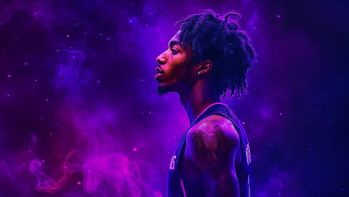 Neon-lit basketball profile immersed in cosmic purple haze.