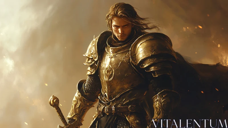 Golden armored knight in cinematic warm backlit battle haze