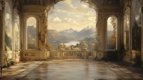 Interior terrace frames distant lake and mountain landscape