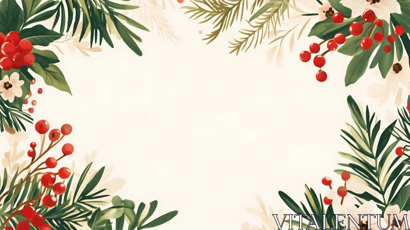 Holiday greenery border with red berries on cream background.