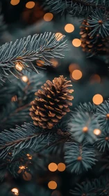 Pine cone on blue spruce branch with warm festive bokeh lights