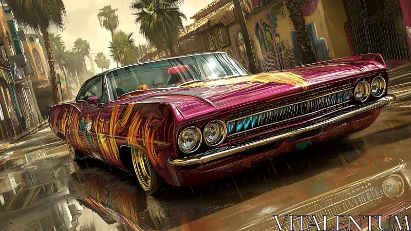 Lowrider coupe with metallic graffiti paint on wet urban street