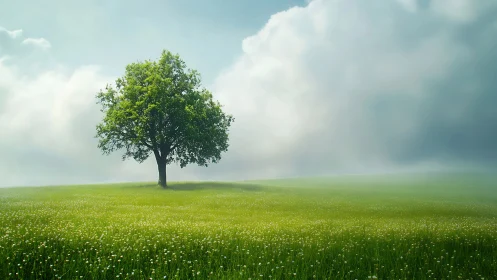 Lone green tree centered on wide misty meadow landscape.