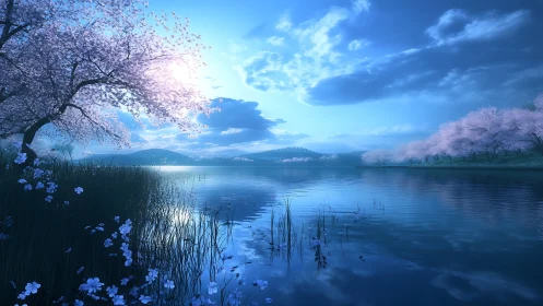 Cherry blossoms reflect over tranquil blue lakeshore at dusk