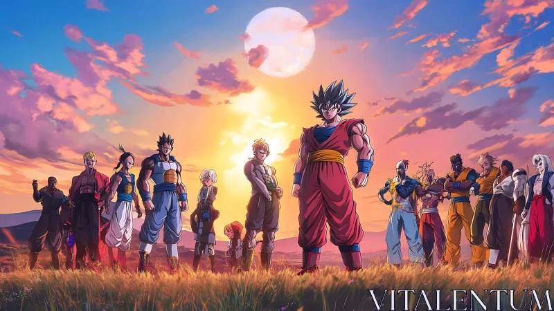 Anime warriors standing in a sunset field group scene.