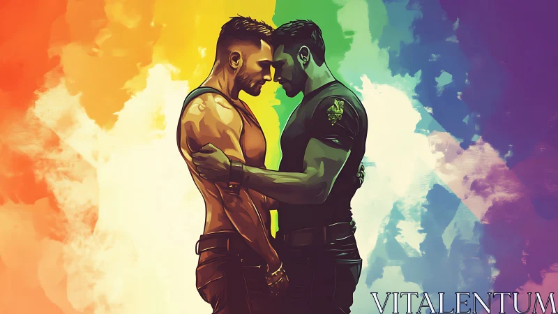 Two men embracing closely against rainbow color backdrop.