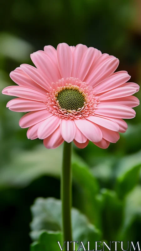 Pink gerbera daisy bloom centered against soft green bokeh.